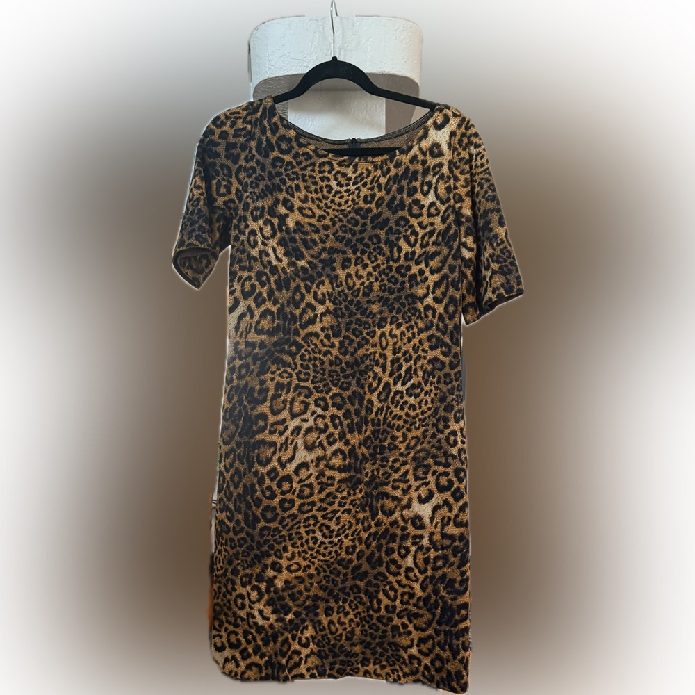 St John, NWOT, Leopard Print Dress, classic rayon & wool‎ size 8